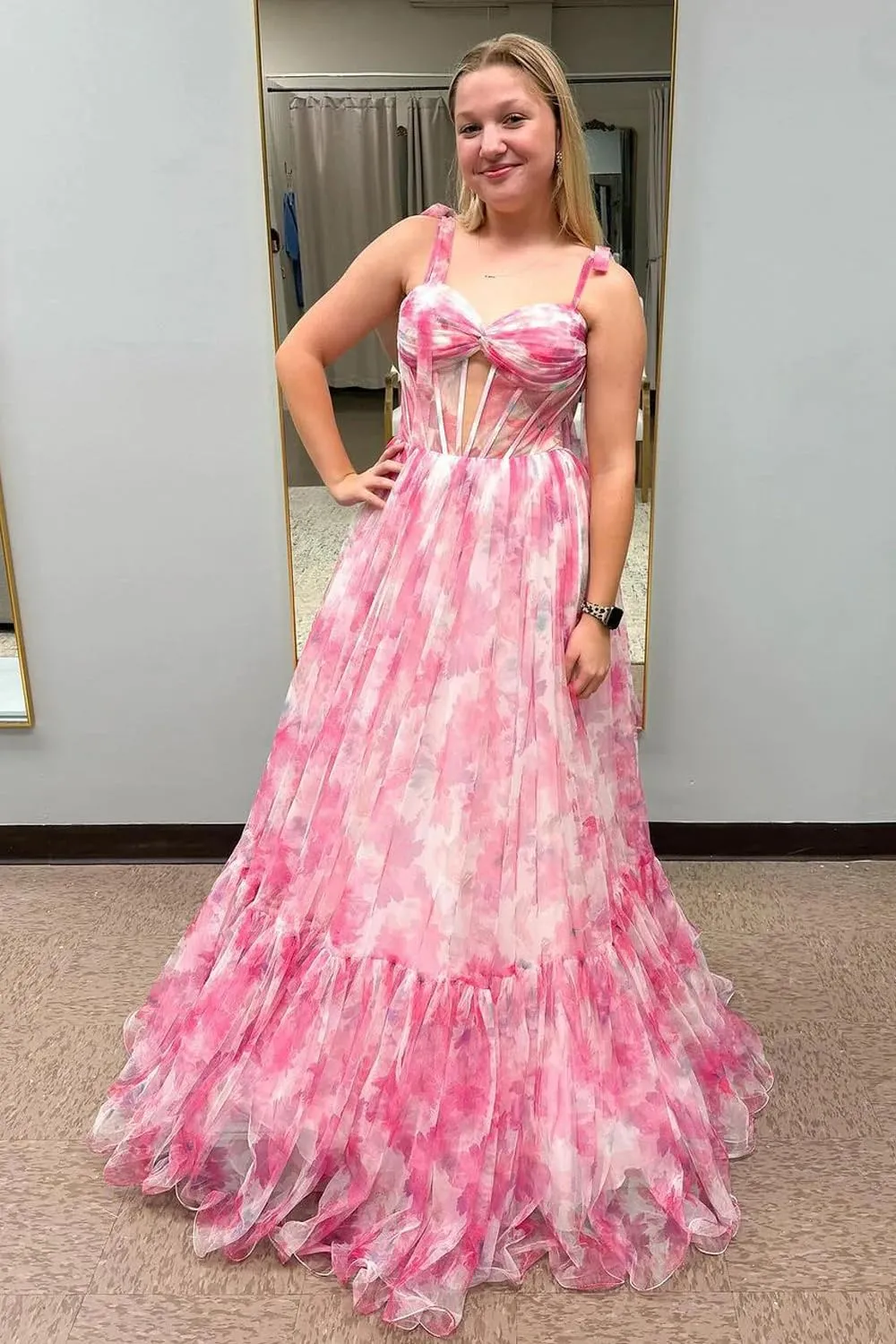 Sweetheart Chiffon Formal Prom Gown Bow Tie Straps Long Evening Gown Floral Print A-Line Princess Party Dress