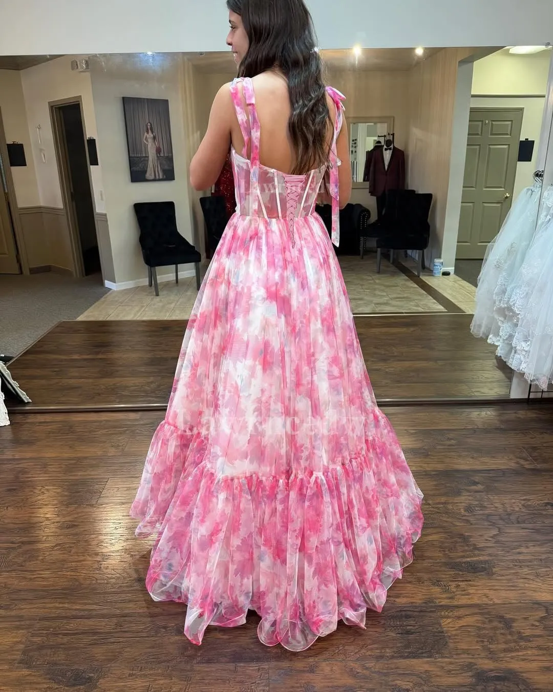 Sweetheart Chiffon Formal Prom Gown Bow Tie Straps Long Evening Gown Floral Print A-Line Princess Party Dress