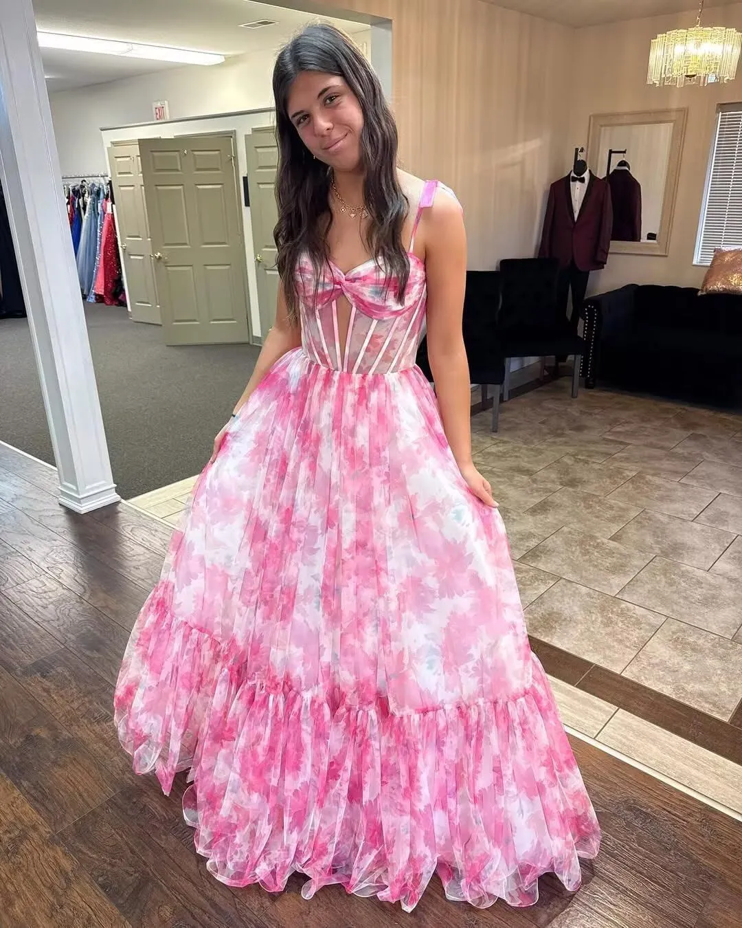 Sweetheart Chiffon Formal Prom Gown Bow Tie Straps Long Evening Gown Floral Print A-Line Princess Party Dress