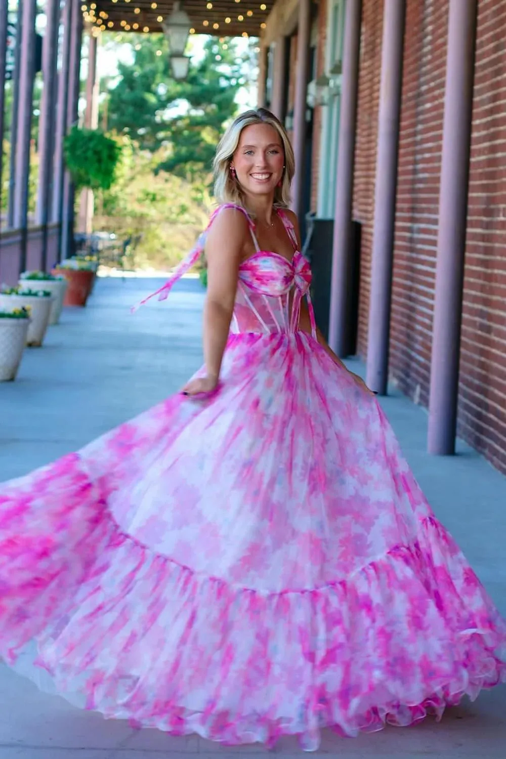 Sweetheart Chiffon Formal Prom Gown Bow Tie Straps Long Evening Gown Floral Print A-Line Princess Party Dress