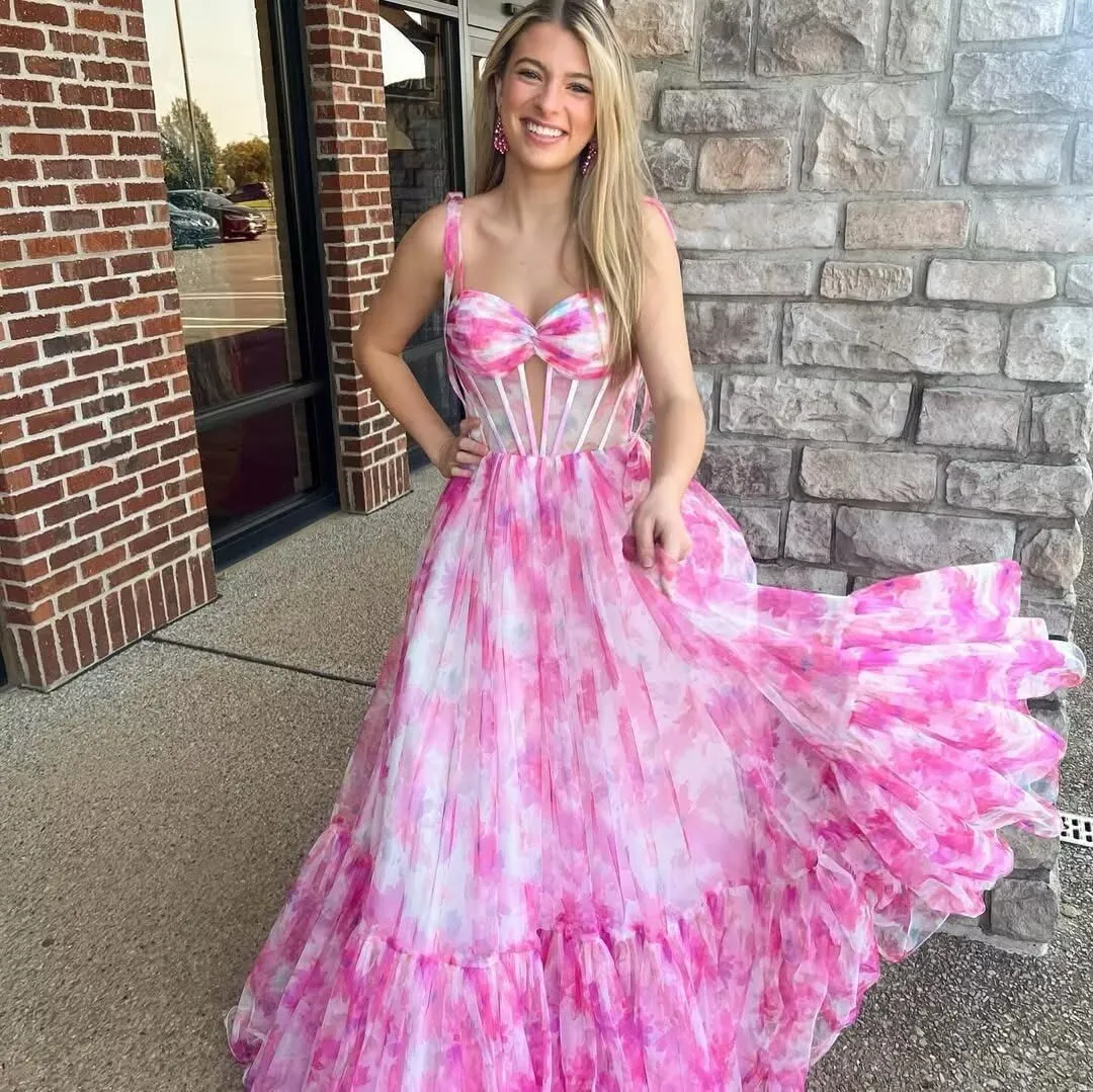 Sweetheart Chiffon Formal Prom Gown Bow Tie Straps Long Evening Gown Floral Print A-Line Princess Party Dress
