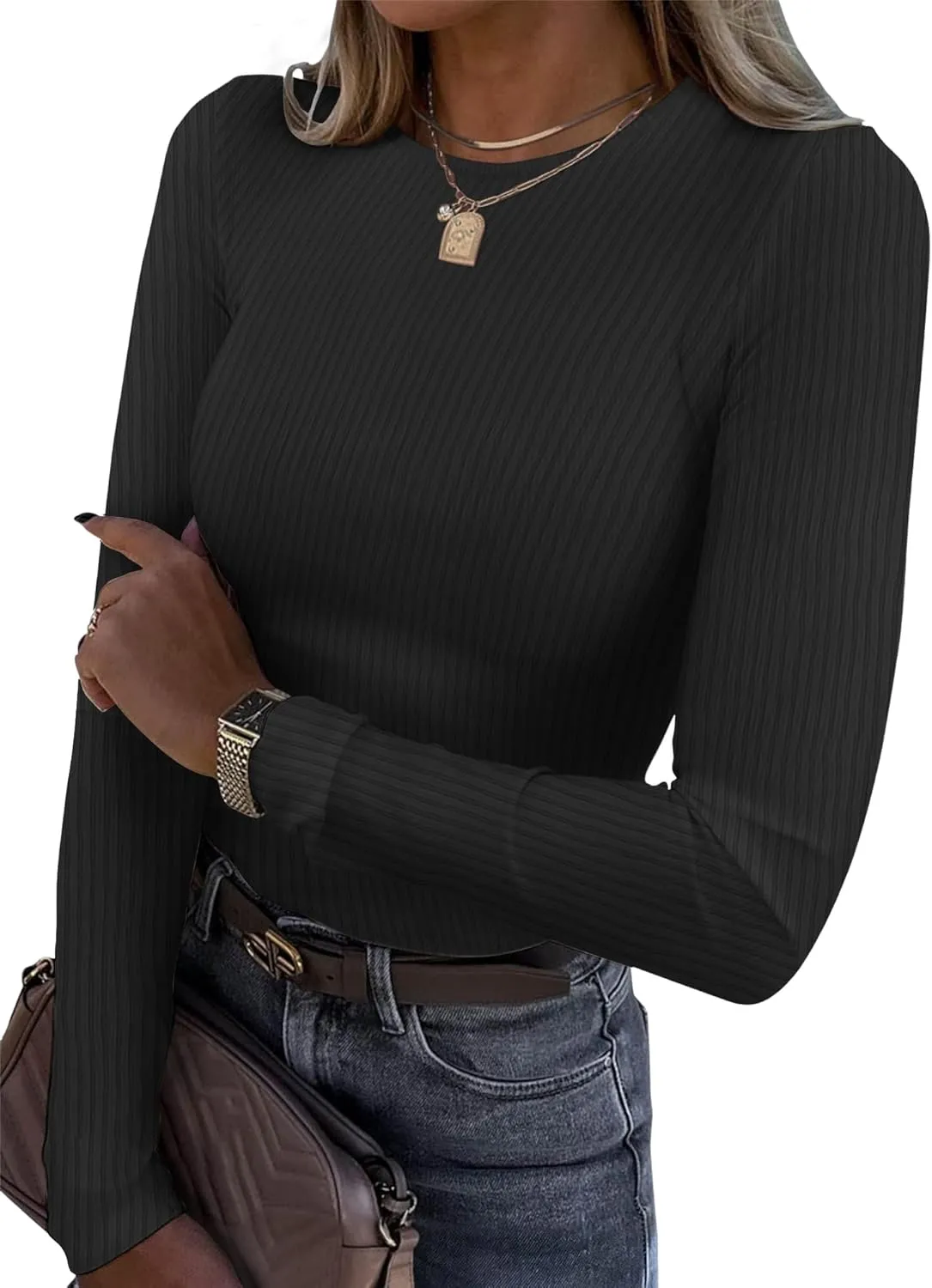 TAKEYAL Womens Fitted Sweater Ribbed Long Sleeve Tight Shirts Fall Winter Slim Trendy Solid Basic Tops 2025