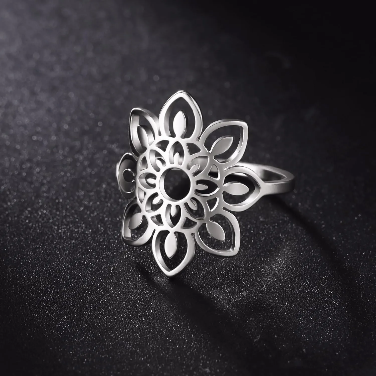 TEAMER Stainless Steel Hollow Lotus Ring - Geometric Simple Jewelry for Women