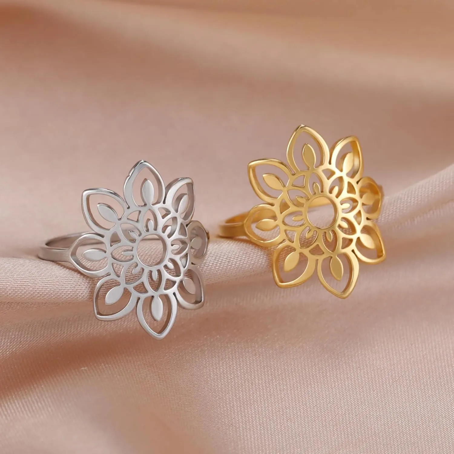 TEAMER Stainless Steel Hollow Lotus Ring - Geometric Simple Jewelry for Women