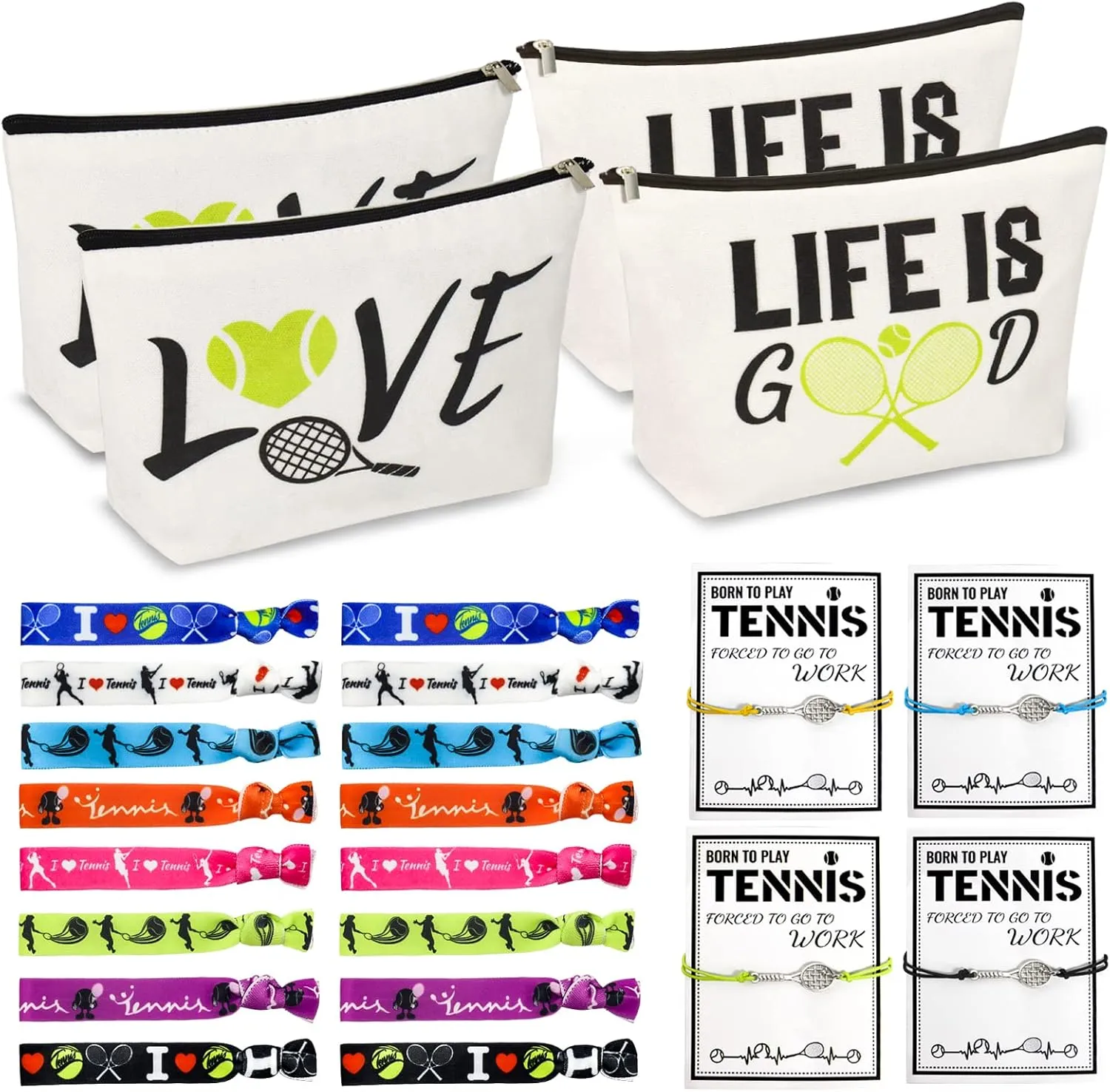 Tennis Gifts: 24pcs Player Gifts, 4 Makeup Bags, 16 Hair Ties, 4 Wish Bracelets - Personalized Tennis Stuff for Players & Coaches