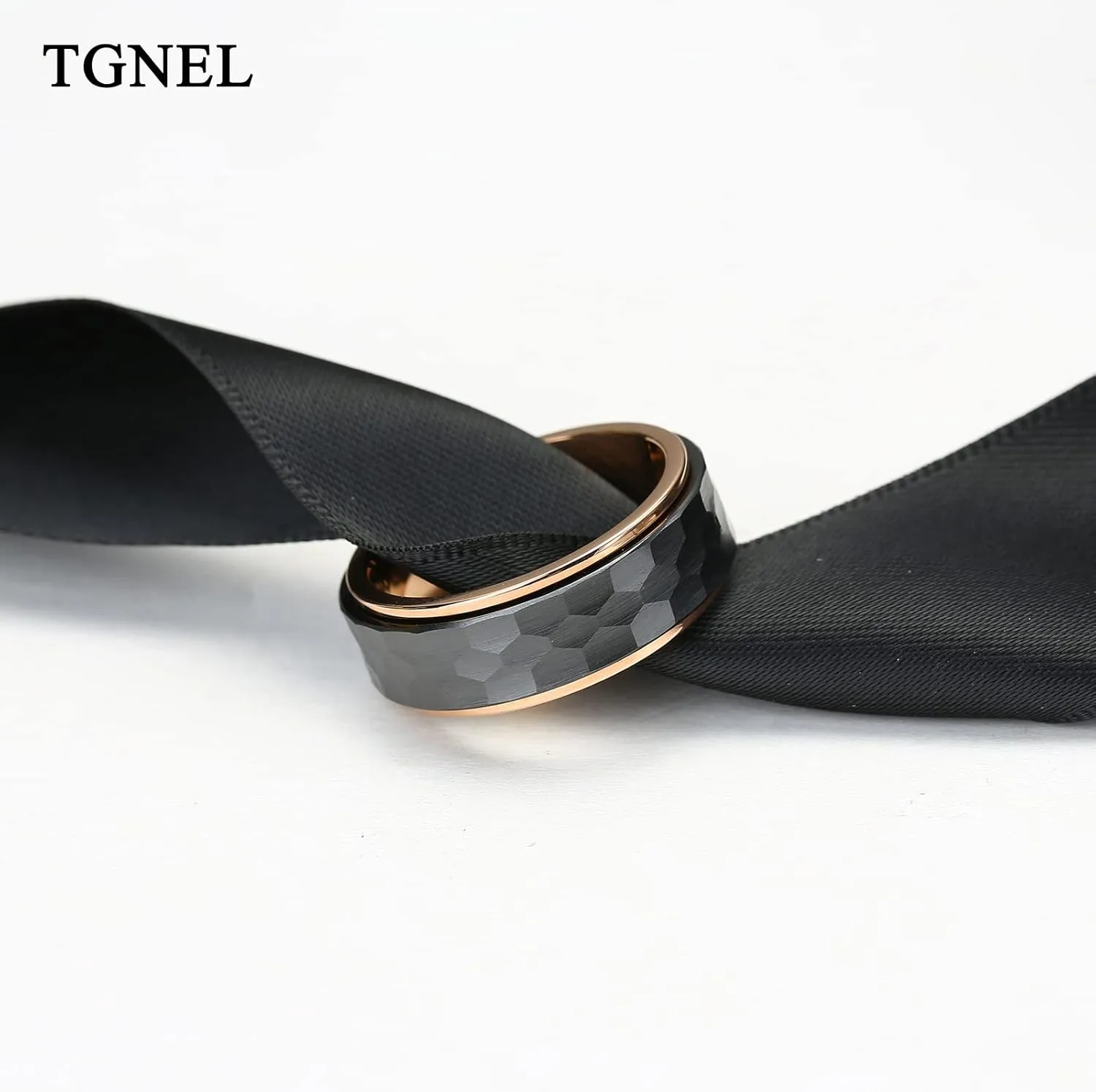 TGNEL Mens Wedding Bands Hammered Titanium Fidget Ring 8mm, Rose Gold/Black Ceramic Anxiety Rings for Men Comfort fit Size 7-14
