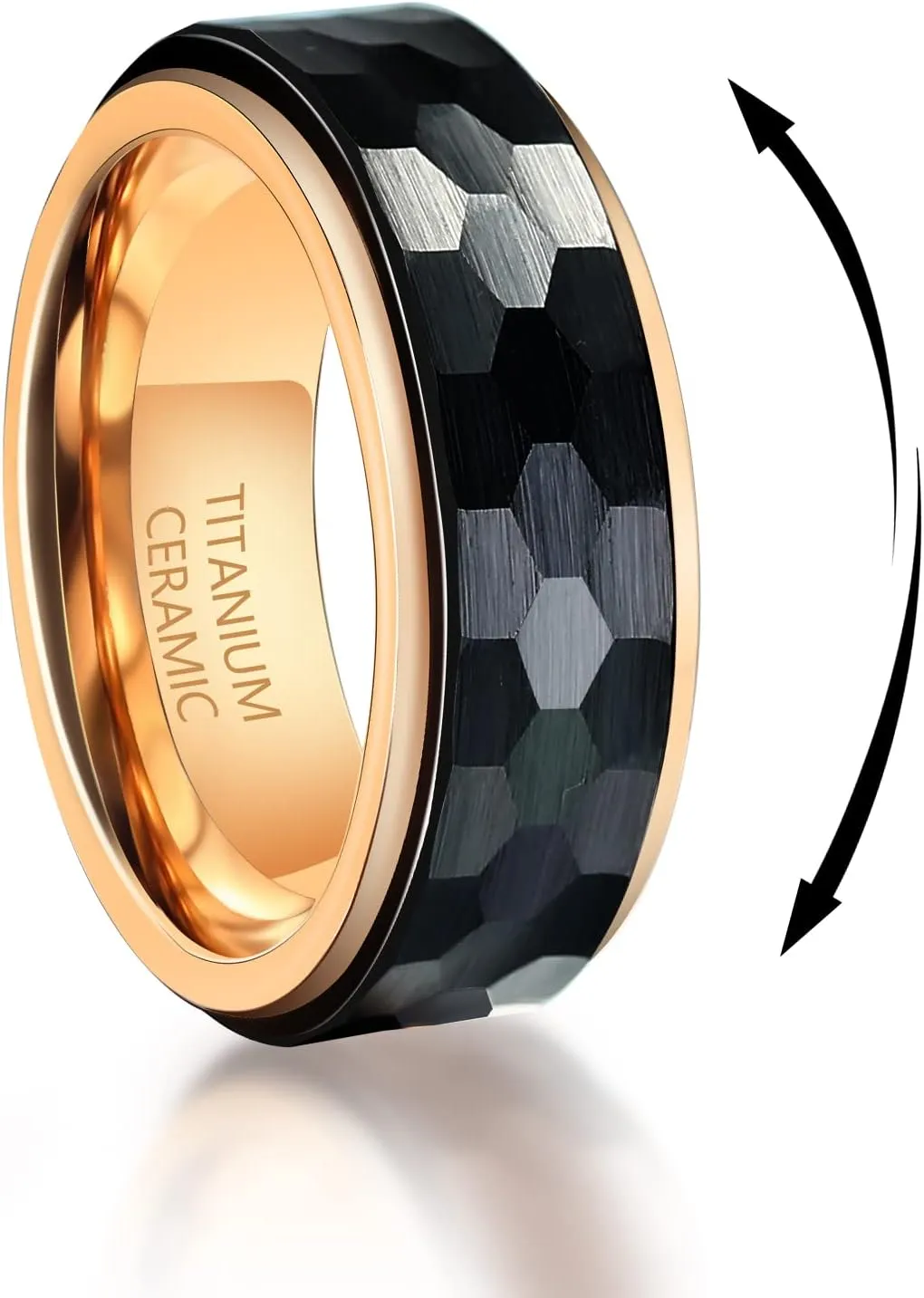 TGNEL Mens Wedding Bands Hammered Titanium Fidget Ring 8mm, Rose Gold/Black Ceramic Anxiety Rings for Men Comfort fit Size 7-14