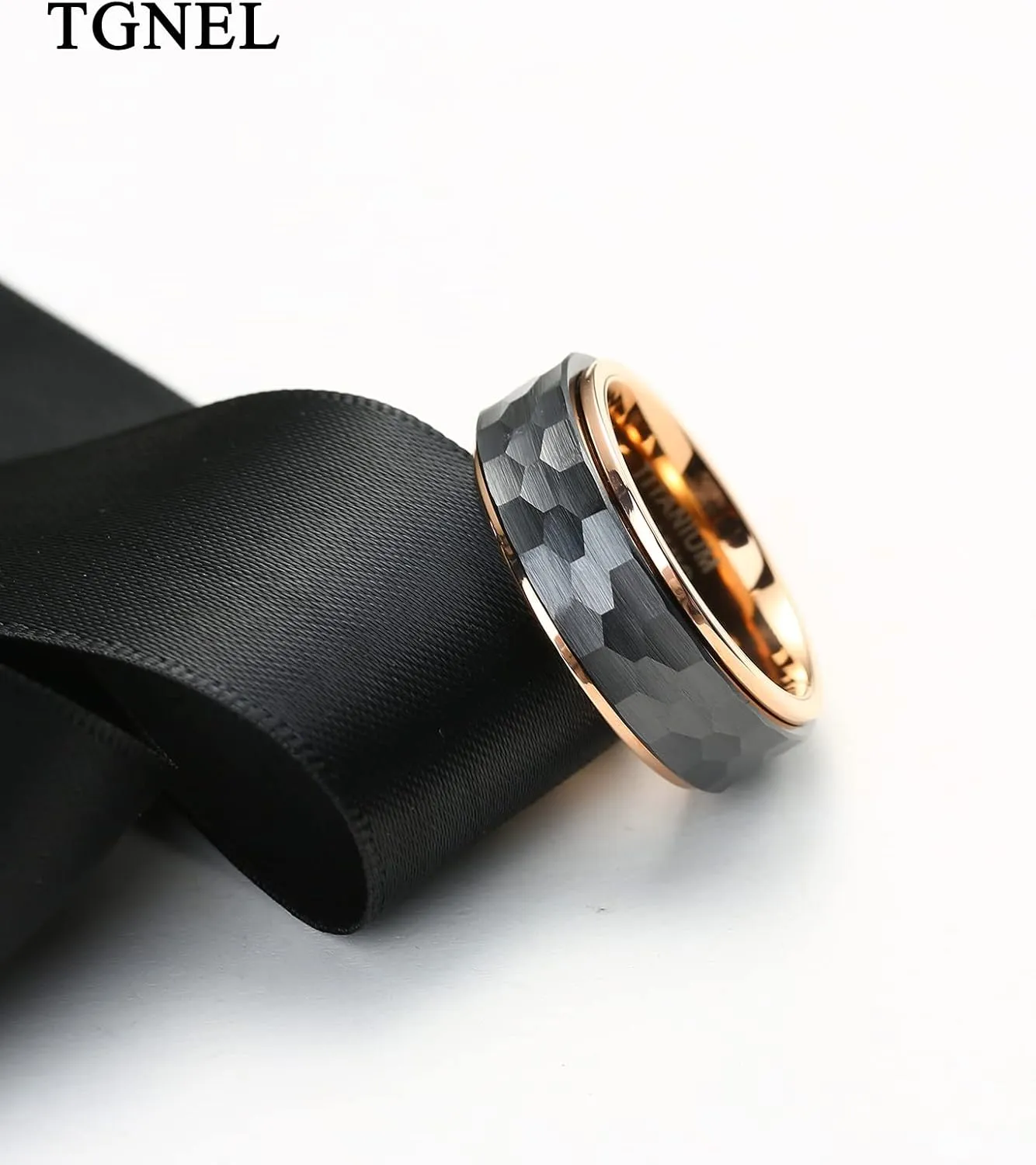 TGNEL Mens Wedding Bands Hammered Titanium Fidget Ring 8mm, Rose Gold/Black Ceramic Anxiety Rings for Men Comfort fit Size 7-14