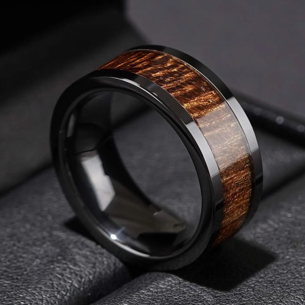 THREE KEYS JEWELRY 6,8mm Black/White Ceramic Wedding Ring with Real Koa Wood Inlay Flat Top Wedding Band Engagement Ring Comfort Fit Size 4-16