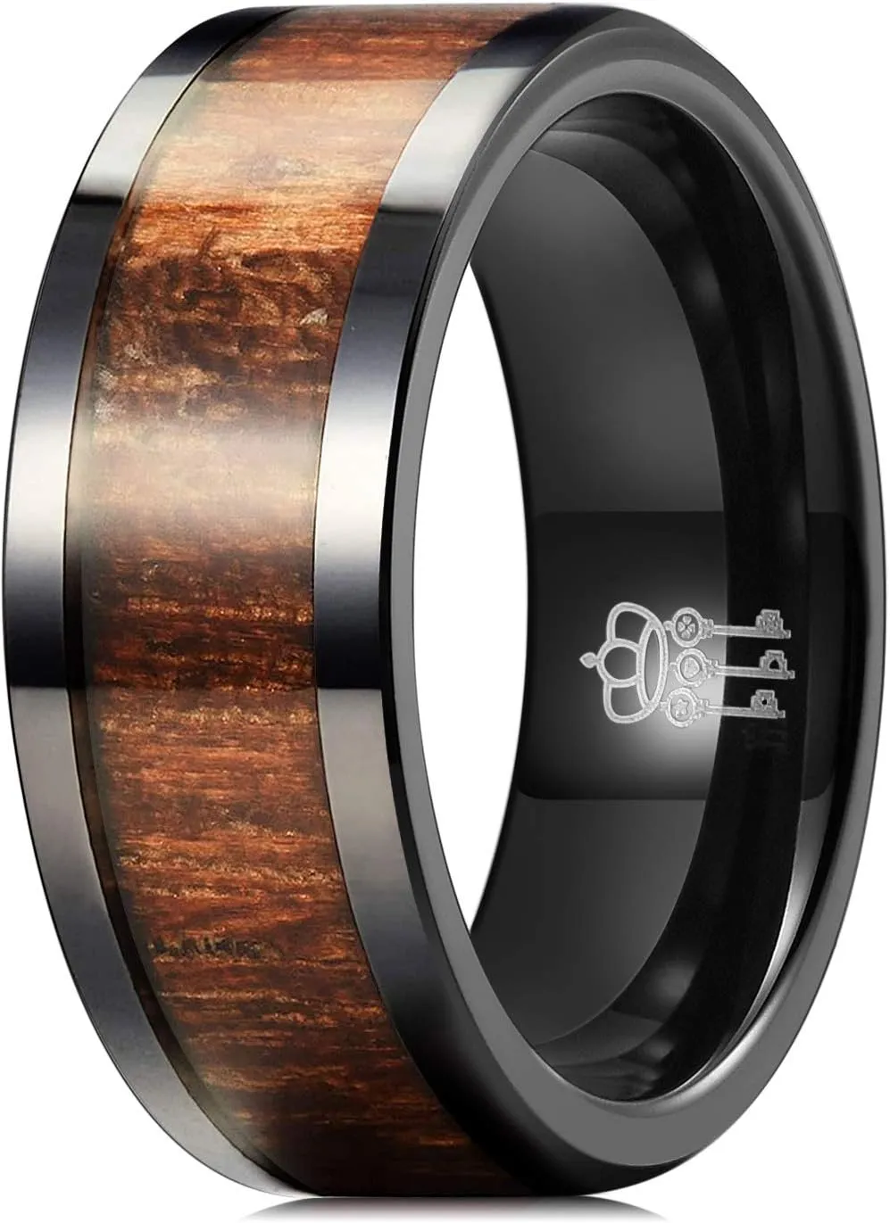 THREE KEYS JEWELRY 6,8mm Black/White Ceramic Wedding Ring with Real Koa Wood Inlay Flat Top Wedding Band Engagement Ring Comfort Fit Size 4-16