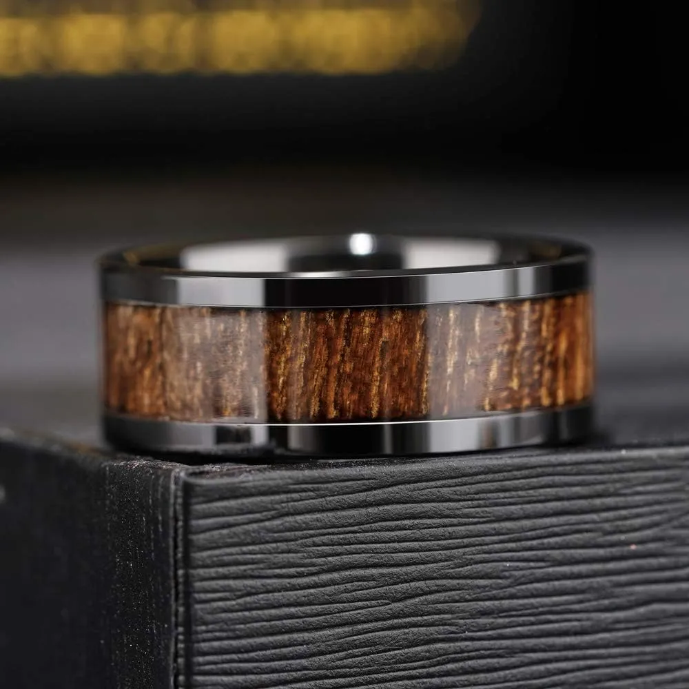 THREE KEYS JEWELRY 6,8mm Black/White Ceramic Wedding Ring with Real Koa Wood Inlay Flat Top Wedding Band Engagement Ring Comfort Fit Size 4-16