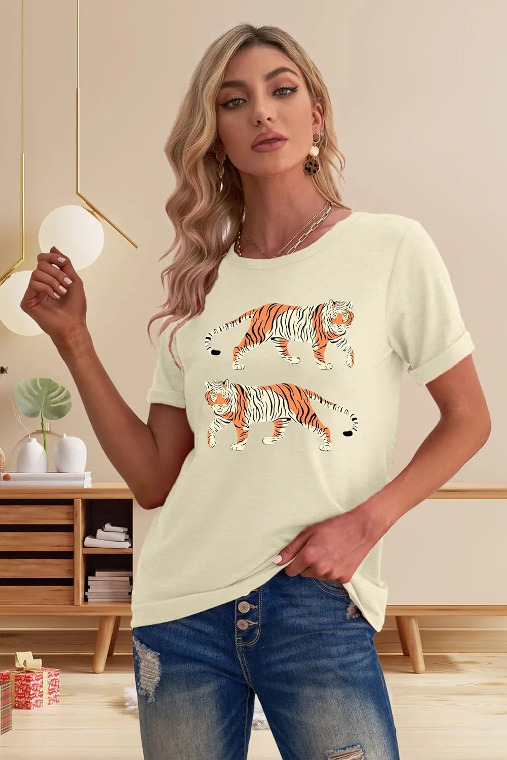 Tie Dye Shirt Womens Animal Tiger Graphic Tees Tops Summer Casual Loose Short Sleeve T-Shirt Blouse