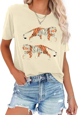 Tie Dye Shirt Womens Animal Tiger Graphic Tees Tops Summer Casual Loose Short Sleeve T-Shirt Blouse