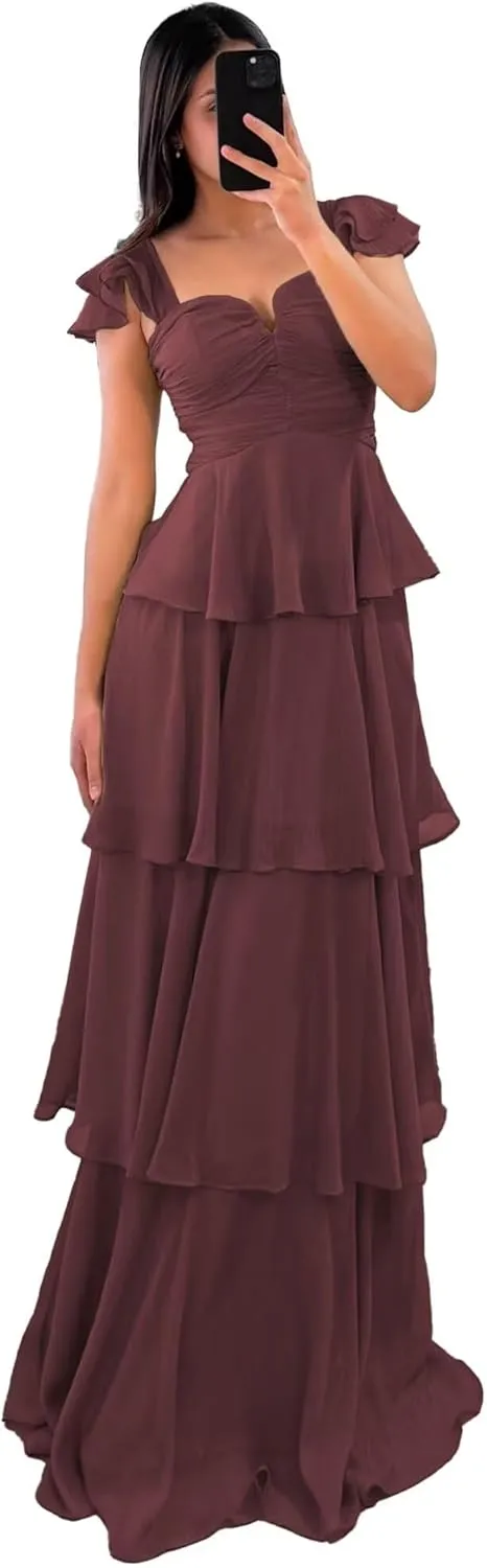 Tiered Ruffle Bridesmaid Dresses Long Off The Shoulder Chiffon Prom Evening Dresses for Women