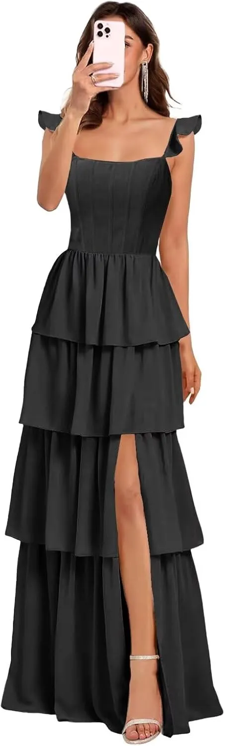 Tiered Ruffles Bridesmaid Dresses Long for Women Chiffon Formal Evening Dresses