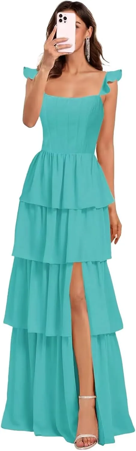 Tiered Ruffles Bridesmaid Dresses Long for Women Chiffon Formal Evening Dresses