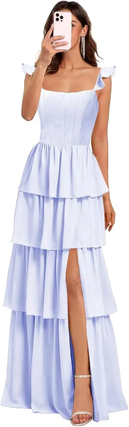Tiered Ruffles Bridesmaid Dresses Long for Women Chiffon Formal Evening Dresses