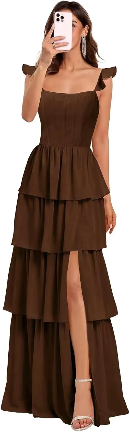 Tiered Ruffles Bridesmaid Dresses Long for Women Chiffon Formal Evening Dresses