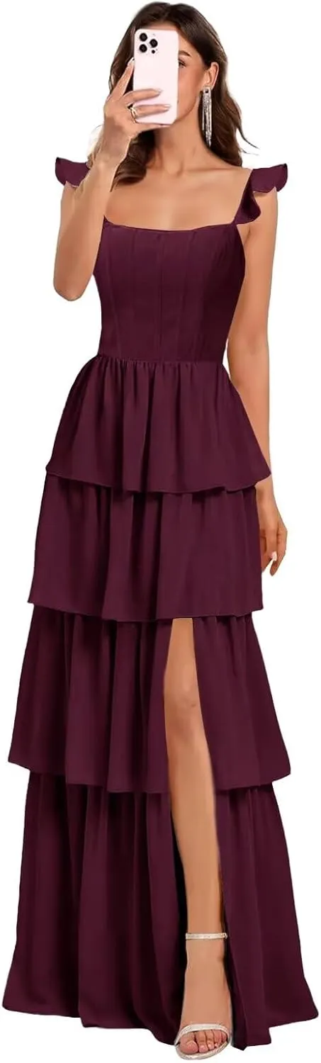 Tiered Ruffles Bridesmaid Dresses Long for Women Chiffon Formal Evening Dresses