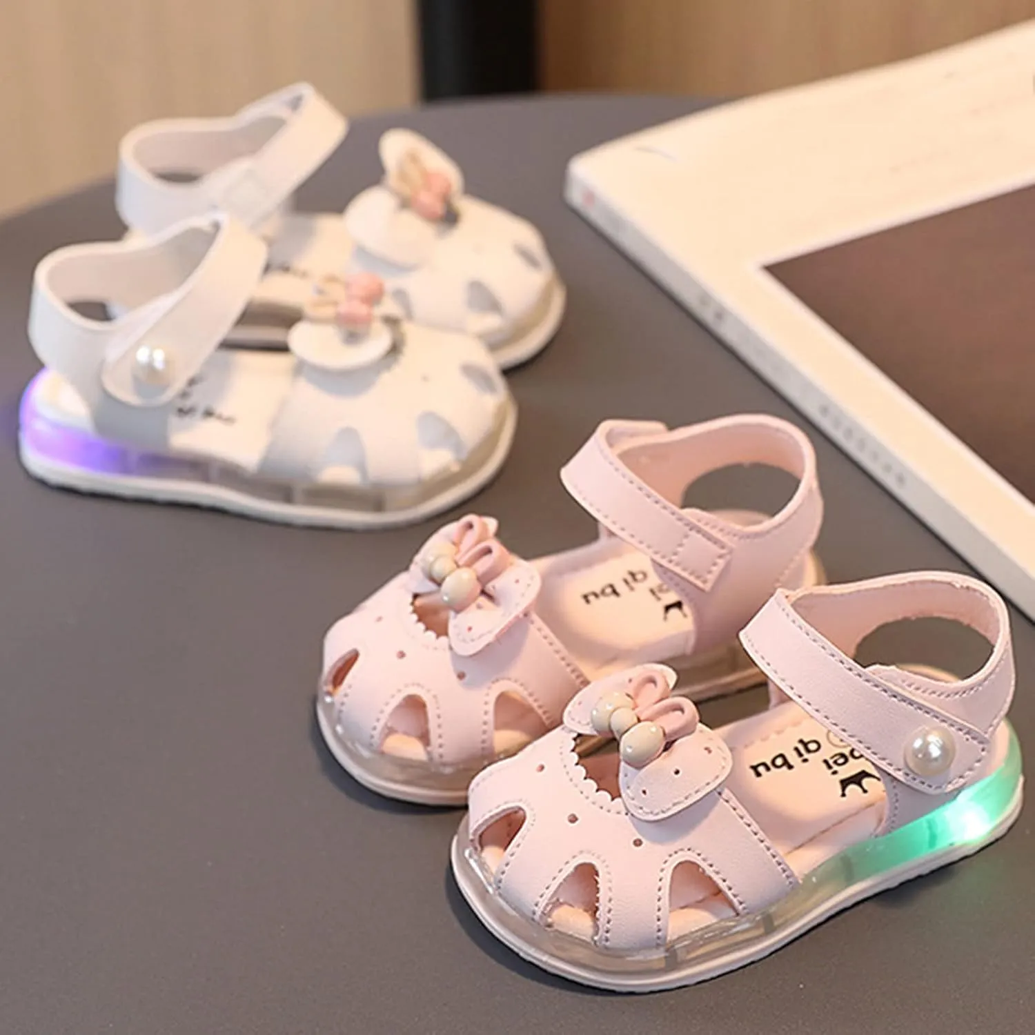 Toddler Girls Children Sandals Close Toe Bow School Dress Shoes Round Toe Anti-Slip Platform Flat Sandal
