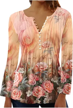 Tops for Women Dressy Casual 2024 Bohemian Floral Print Empire Waist Pleated Tunic Shirt Button Up Loose Comfy Blouse