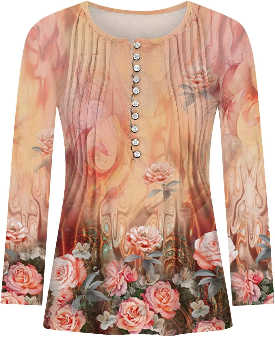 Tops for Women Dressy Casual 2024 Bohemian Floral Print Empire Waist Pleated Tunic Shirt Button Up Loose Comfy Blouse