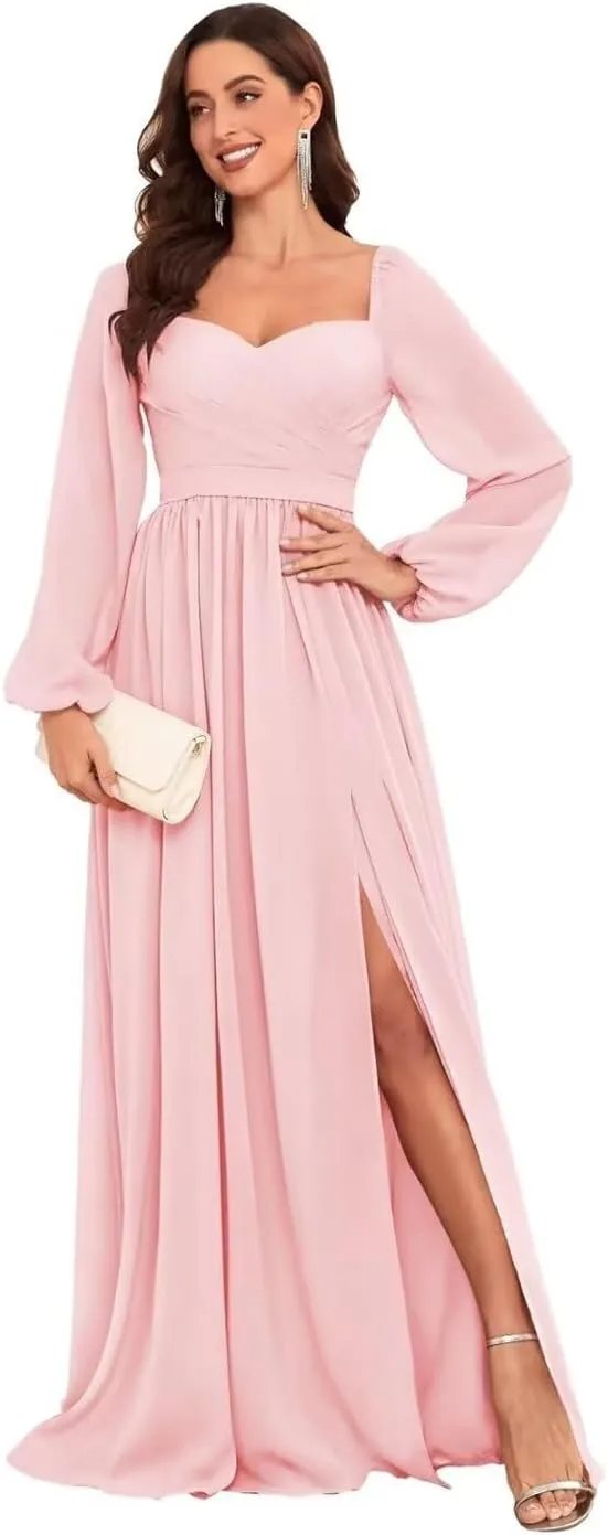 TORYEMY Chiffon Bridesmaid Dresses with Sleeves for Wedding Sweetheart Long Formal Evening Gown with Slit