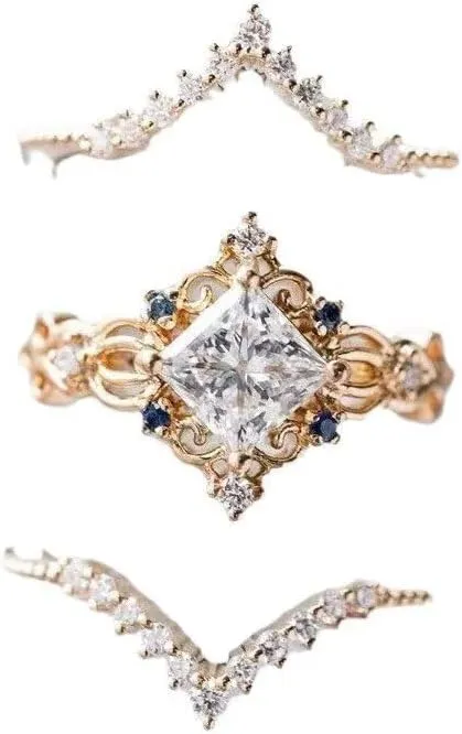Trendy Princess Style Ring Set - 3-Pack Sterling Silver Rhinestone Stackable Rings for Women 925 Sterling Silver Moissanite Bridal Set of 3 PCS Stackable Wedding Engagement Band Size 6