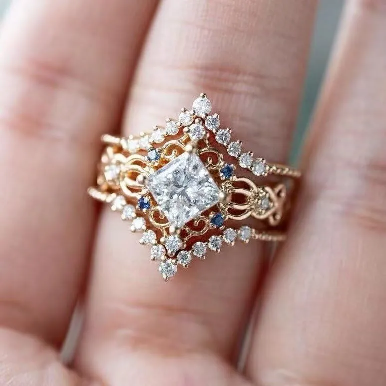 Trendy Princess Style Ring Set - 3-Pack Sterling Silver Rhinestone Stackable Rings for Women 925 Sterling Silver Moissanite Bridal Set of 3 PCS Stackable Wedding Engagement Band Size 6
