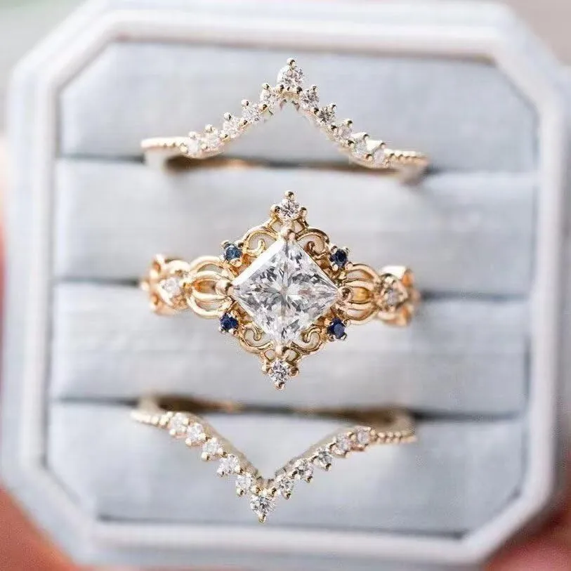 Trendy Princess Style Ring Set - 3-Pack Sterling Silver Rhinestone Stackable Rings for Women 925 Sterling Silver Moissanite Bridal Set of 3 PCS Stackable Wedding Engagement Band Size 6