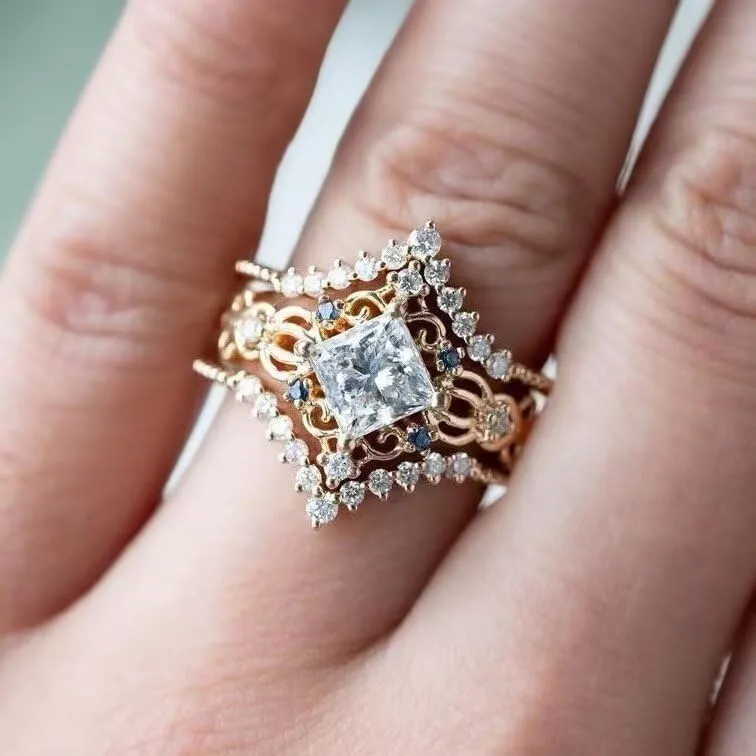 Trendy Princess Style Ring Set - 3-Pack Sterling Silver Rhinestone Stackable Rings for Women 925 Sterling Silver Moissanite Bridal Set of 3 PCS Stackable Wedding Engagement Band Size 6