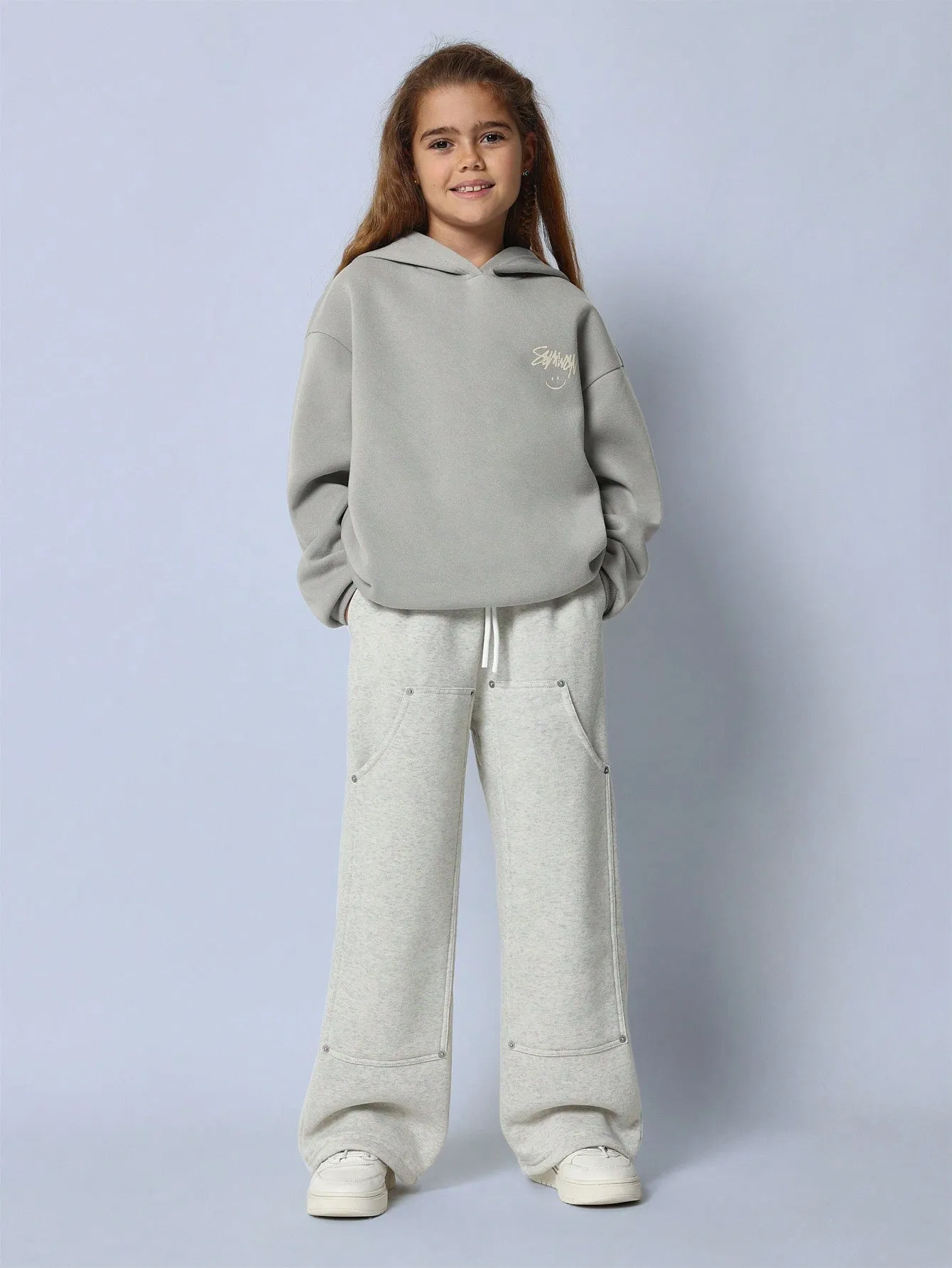 Tween Girls Comfy Grey Overhead Essential Hoodie With Graffiti Graphic Print