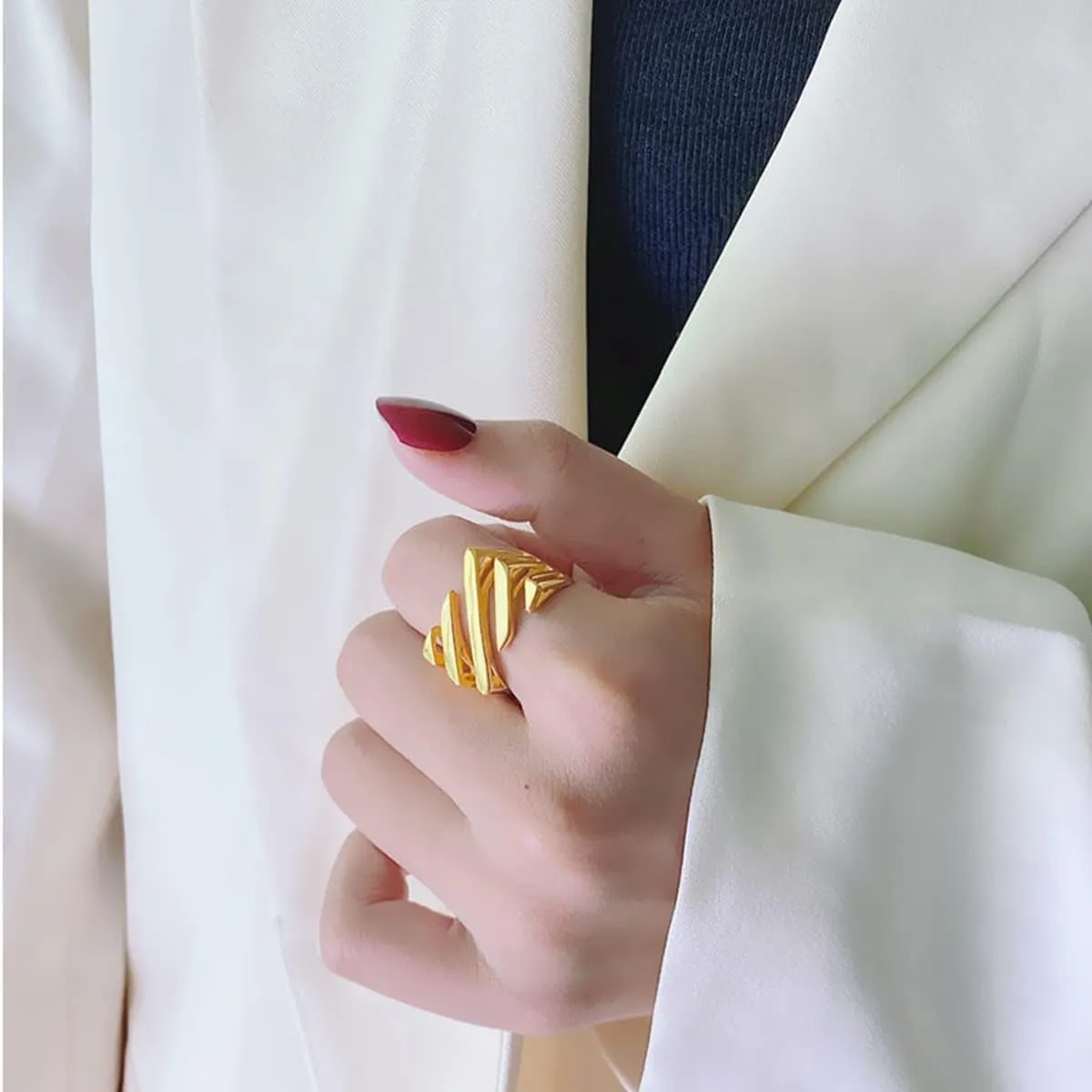Twill Cutout RingLayered Women's Statement Rings,Asymmetrical Geometric Rectangular Minimal Ring for Women (2,7)