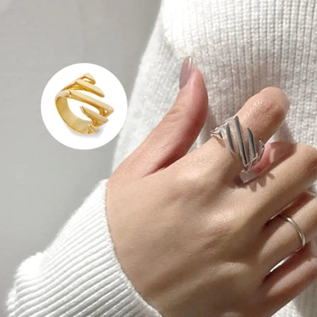Twill Cutout RingLayered Women's Statement Rings,Asymmetrical Geometric Rectangular Minimal Ring for Women (2,7)