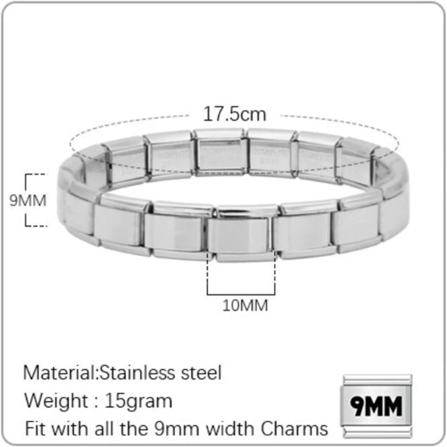 UNY JEWEL Shiny 9mm Italian Charm Starter Bracelets 18 Links DIY Customization Elastic Interlocking Stainless Steel Modular Charm Bracelet Link