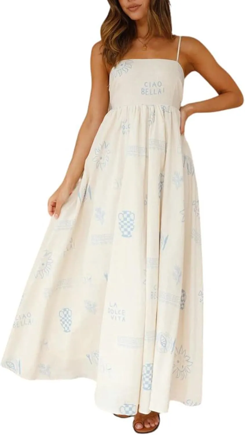 utcoco Women's 2024 Summer Spaghetti Strap Sundresses Back Smocked Cut Out Floral Printed Cute Flowy A Line Maxi Dress