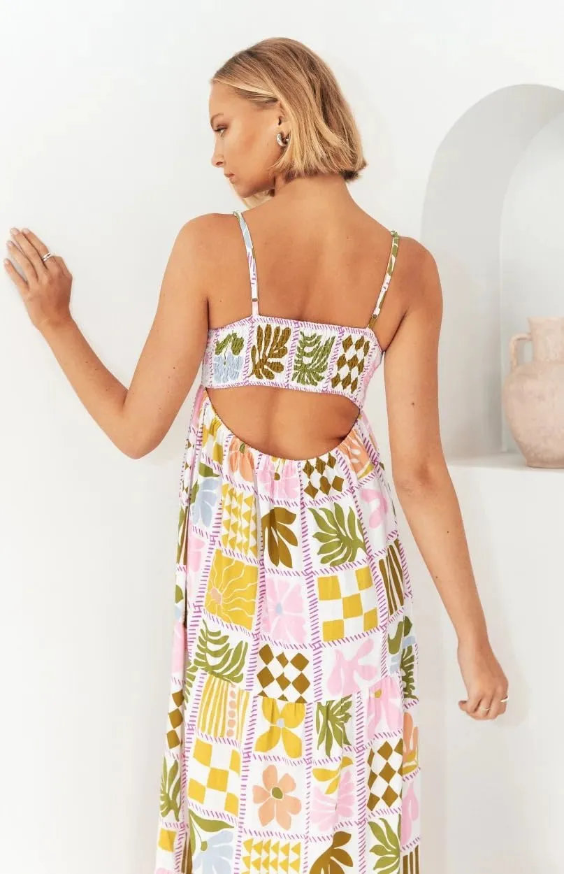 utcoco Women's 2024 Summer Spaghetti Strap Sundresses Back Smocked Cut Out Floral Printed Cute Flowy A Line Maxi Dress