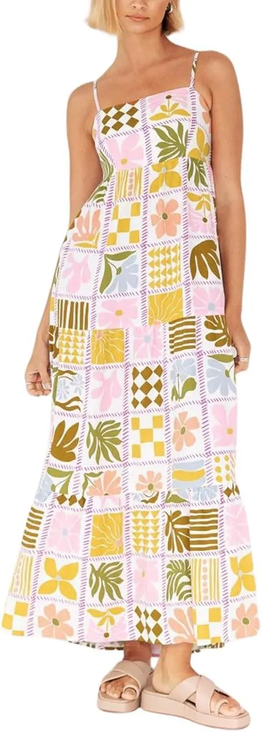 utcoco Women's 2024 Summer Spaghetti Strap Sundresses Back Smocked Cut Out Floral Printed Cute Flowy A Line Maxi Dress