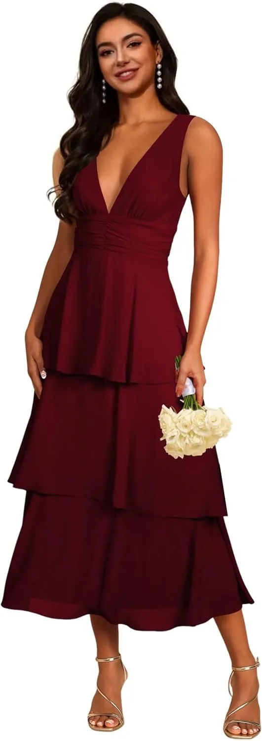 V Neck Tiered Chiffon Bridesmaid Dresses Tea Length 2025 Ruffle Formal Evening Dresses VS177