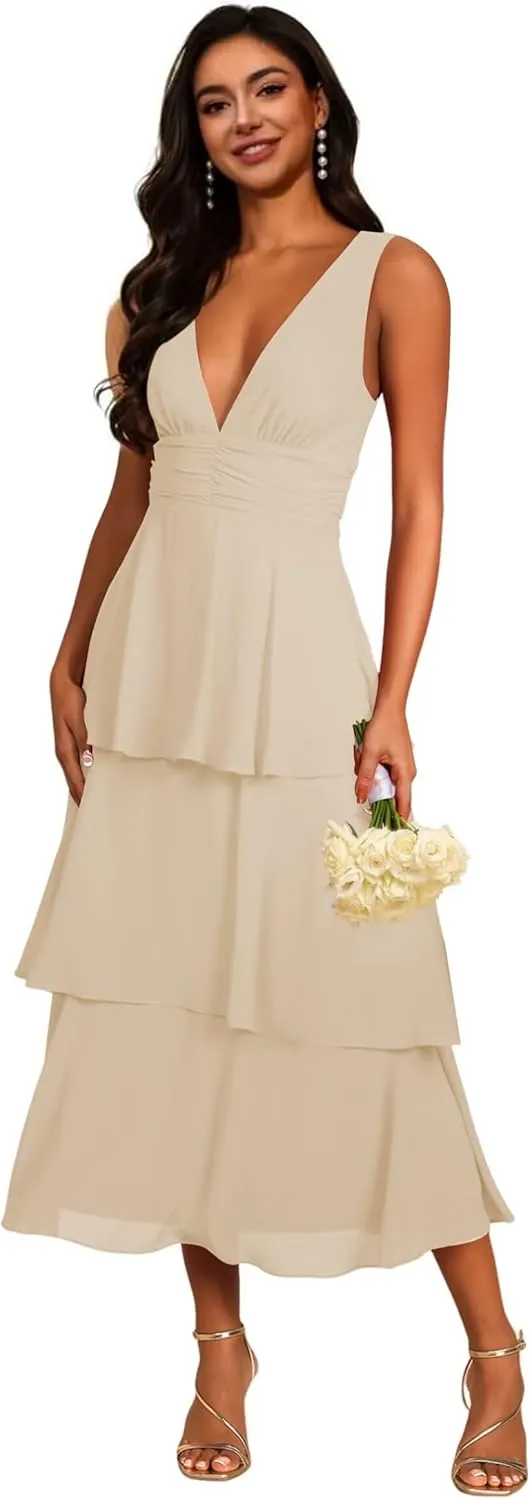 V Neck Tiered Chiffon Bridesmaid Dresses Tea Length 2025 Ruffle Formal Evening Dresses VS177