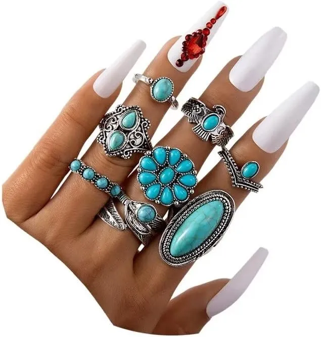 Vintage Turquoise Rings Set Western Rings Bohemian Silver Oval Geometric Stackable Rings Set Joint Knuckle Rings Midi Stacking Rings for Women