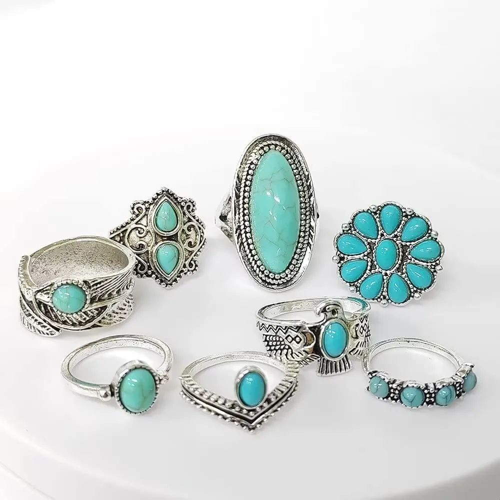 Vintage Turquoise Rings Set Western Rings Bohemian Silver Oval Geometric Stackable Rings Set Joint Knuckle Rings Midi Stacking Rings for Women