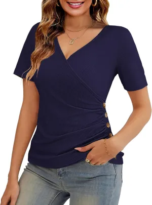 VOIANLIMO Women's Summer Tops Slim Fitted Deep V Neck Cross Wrap Tunic T-Shirt Side ruched Shirring Tees