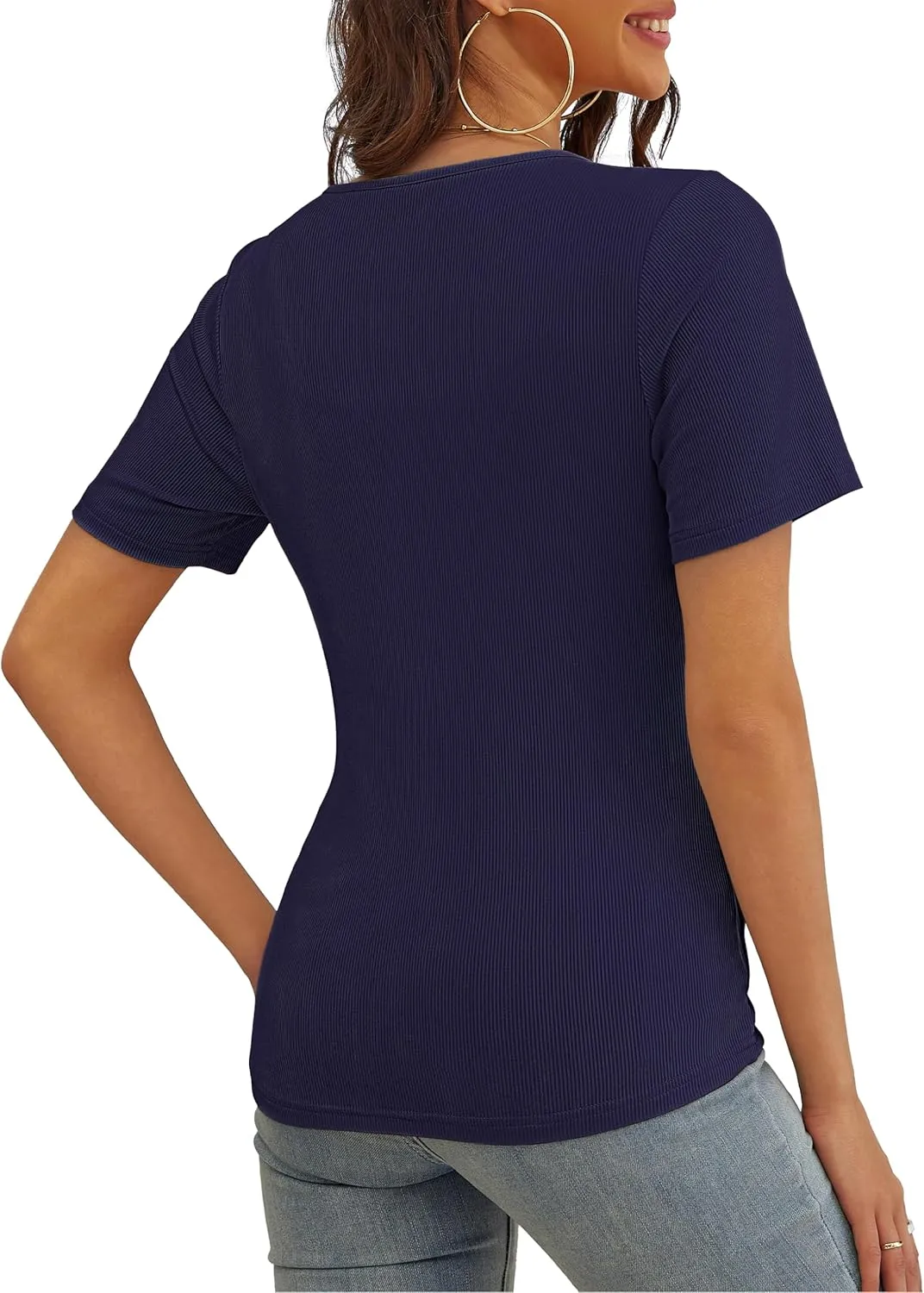 VOIANLIMO Women's Summer Tops Slim Fitted Deep V Neck Cross Wrap Tunic T-Shirt Side ruched Shirring Tees