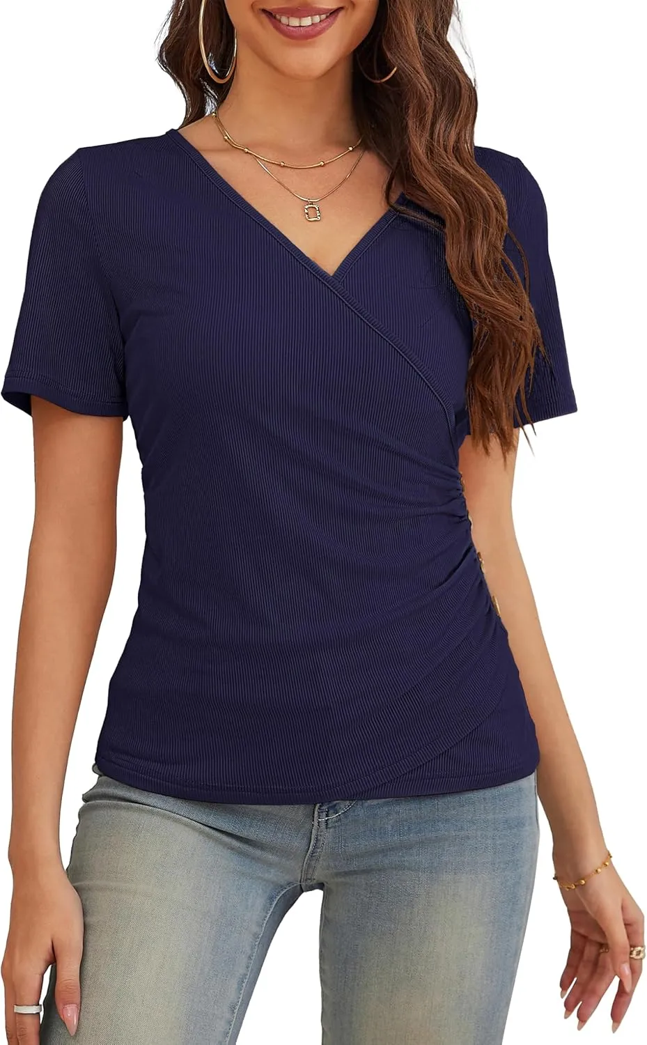 VOIANLIMO Women's Summer Tops Slim Fitted Deep V Neck Cross Wrap Tunic T-Shirt Side ruched Shirring Tees