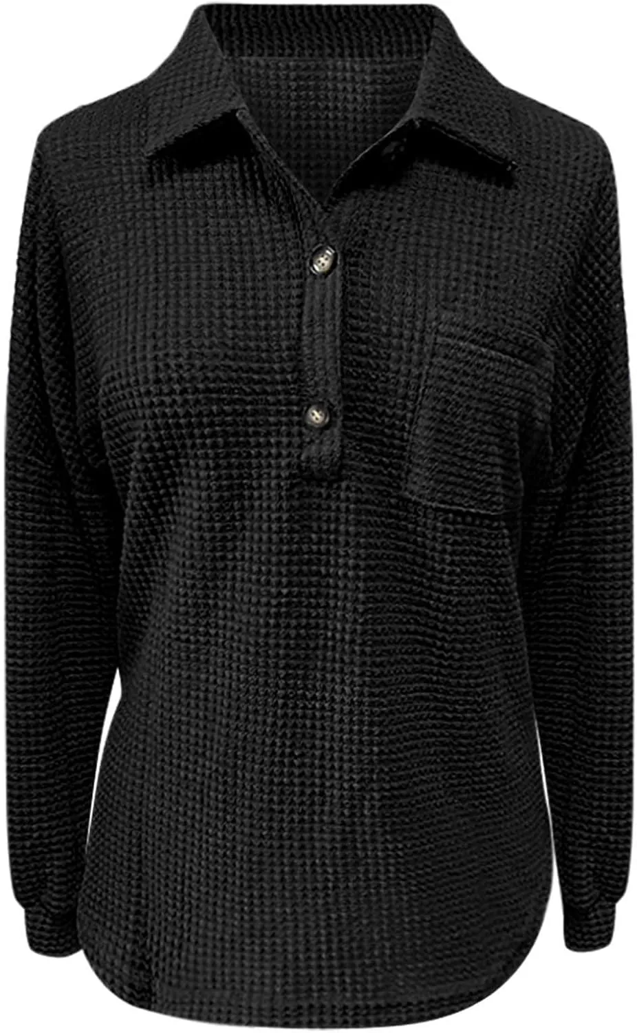 Waffle Knit Tops for Women Casual V Neck Long Sleeve Henley Shirt Solid Color Loose Fit Oversized Tshirts with Pocket