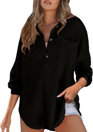 Waffle Knit Tops for Women Casual V Neck Long Sleeve Henley Shirt Solid Color Loose Fit Oversized Tshirts with Pocket