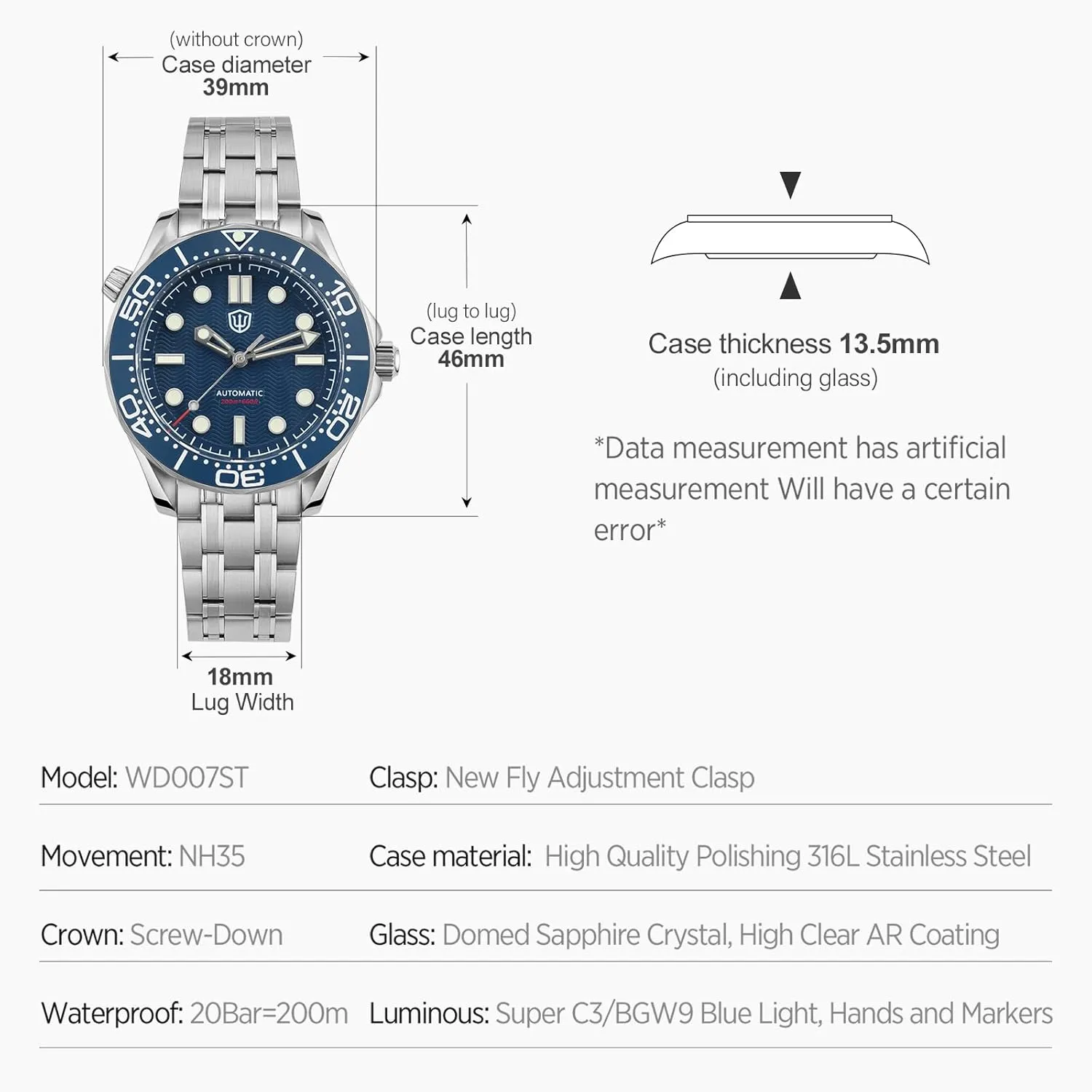 watchdives NH35 Automatic Watches for Men, WD007ST NTTD Dive Watch 39mm Domed Sapphire Crystal Wristwatch 200m Waterproof Watch