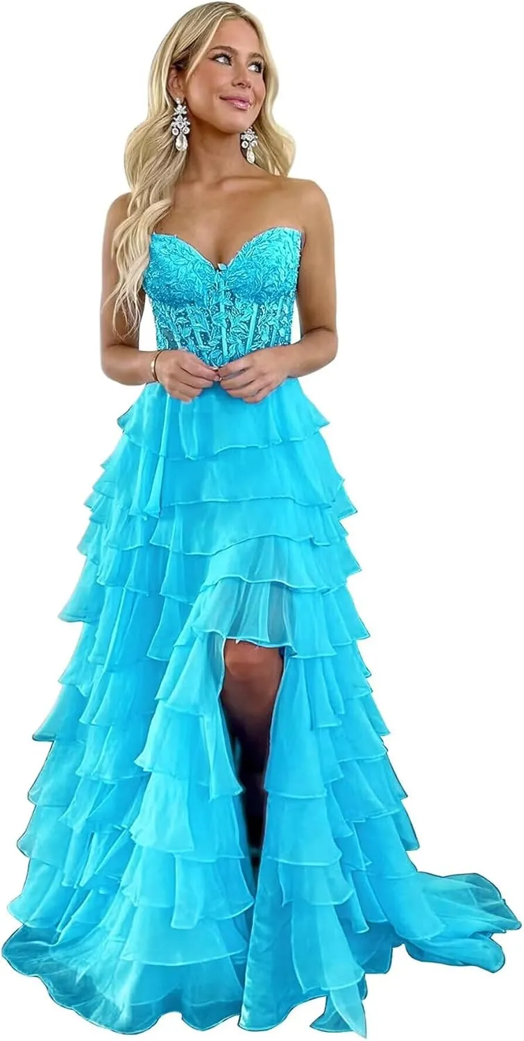 WDBFY Tiered Lace Corset Prom Dresses for Women Strapless Long Ruffle Chiffon Formal Evening Party Gowns with Slit