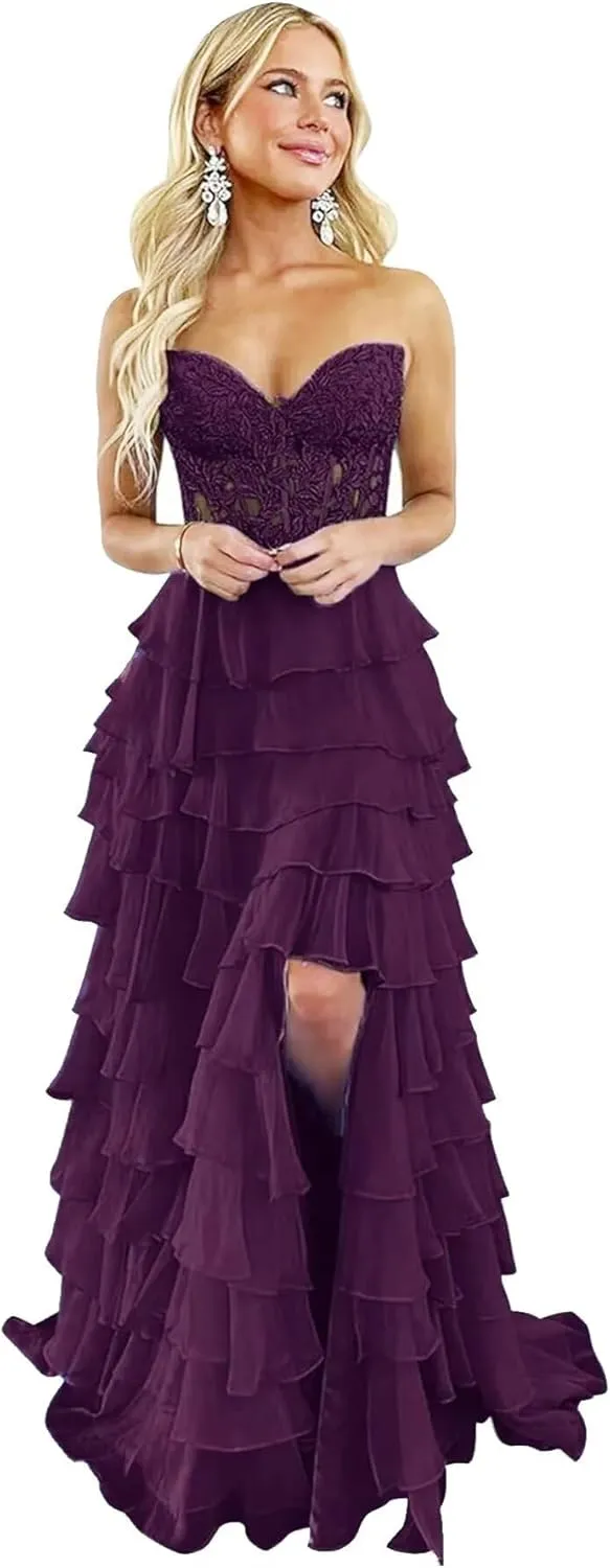 WDBFY Tiered Lace Corset Prom Dresses for Women Strapless Long Ruffle Chiffon Formal Evening Party Gowns with Slit
